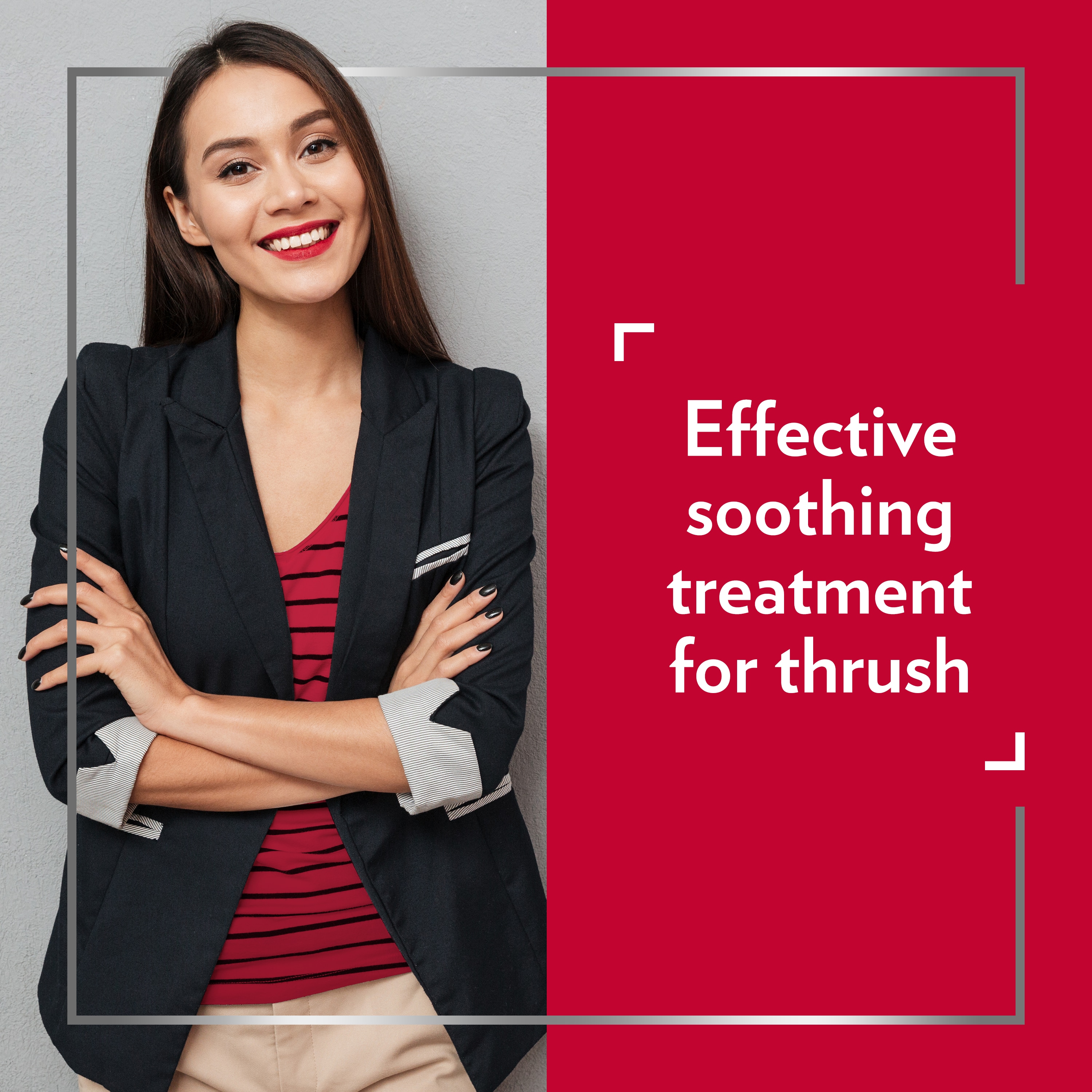 Smiling young woman wearing smart clothes with her arms crossed, happy after Canesten treatment, with caption on the right: Effective soothing treatment for thrush 