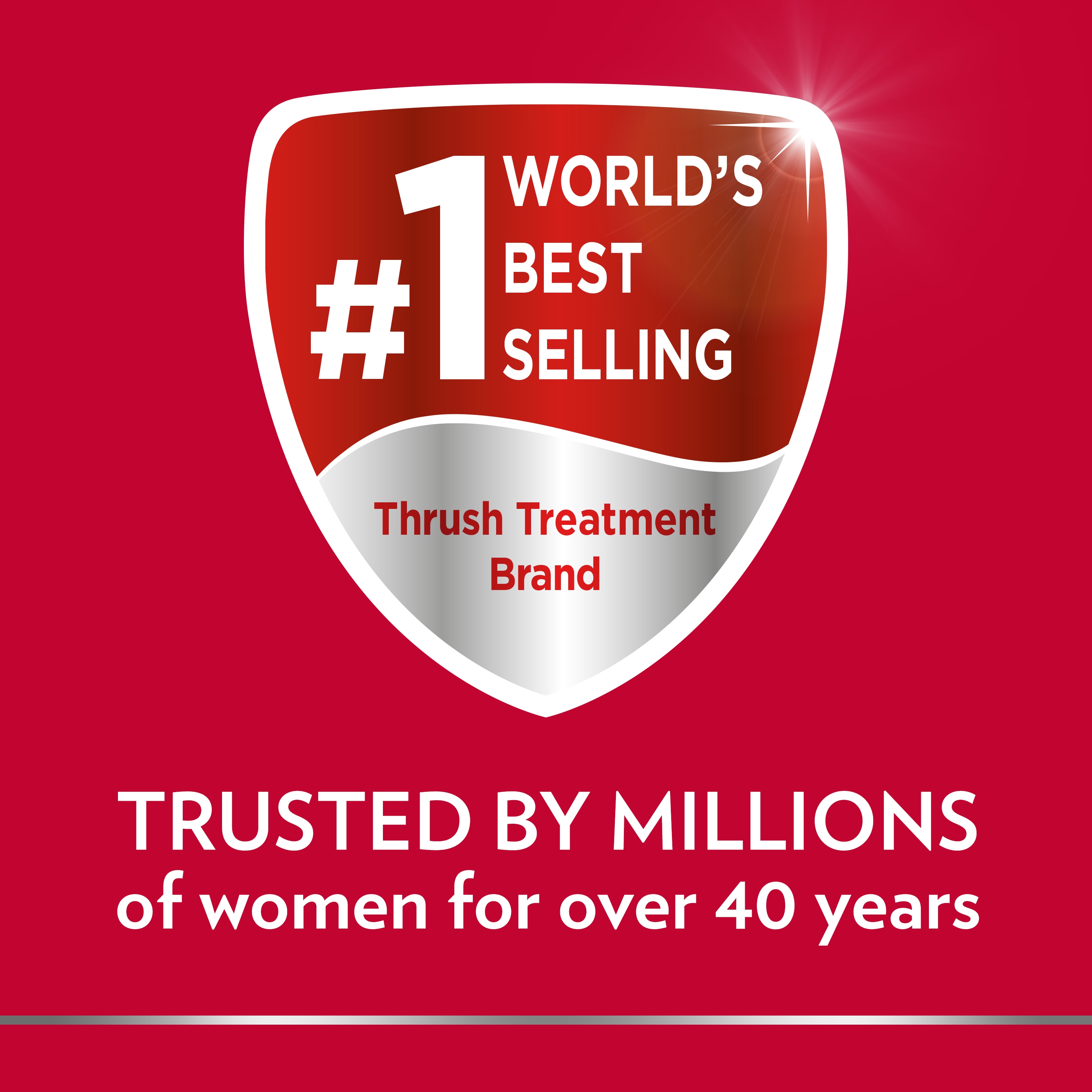 Canesten badge: #1 World’s best selling Thrush Treatment Brand and caption below: Trusted by millions of women for over 40 years