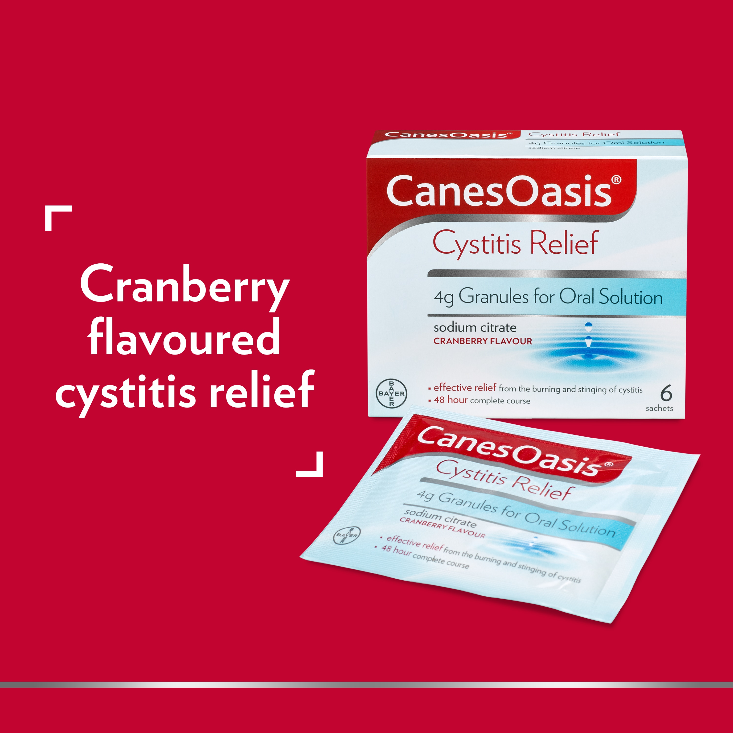 CanesOasis Cystitis Relief 4g Granules for Oral Solution, with caption on the left: Cranberry flavoured cystitis relief